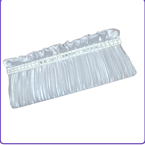 Silver Metallic Evening Clutch with Scrunched Pleated Fabric and Rhinestone Trim - Picture 3 of 10